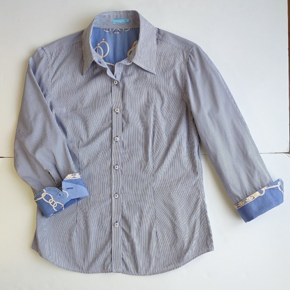 J. McLaughlin Whitney Blouse Blue Stripe 3/4 Sleeve Button Up Classic Size 6 - Picture 2 of 8